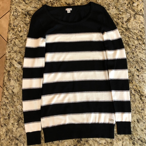 Women's Striped Black, White, & Silver Guess Sweater, Size Small Petite - Picture 7 of 16